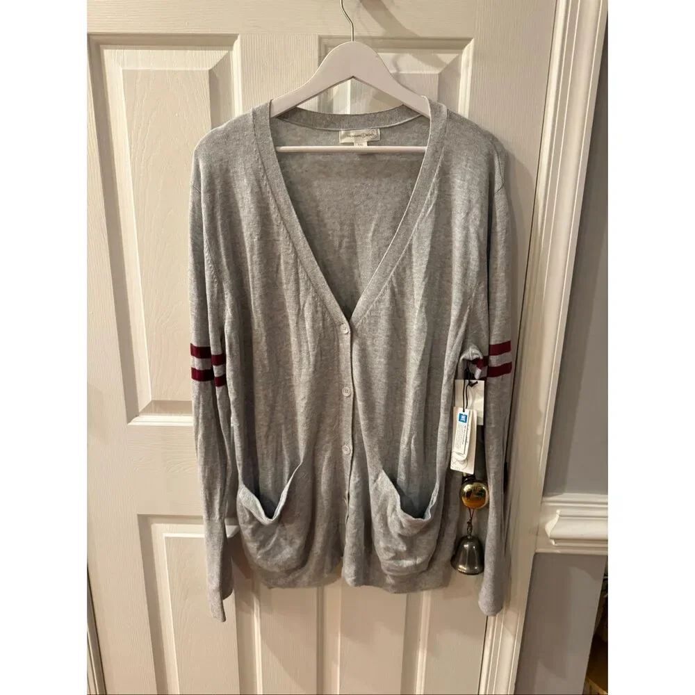Treasure & Bond Gray w/ Burgundy Stripe Varsity Cardigan Sweater sz XXL NWT